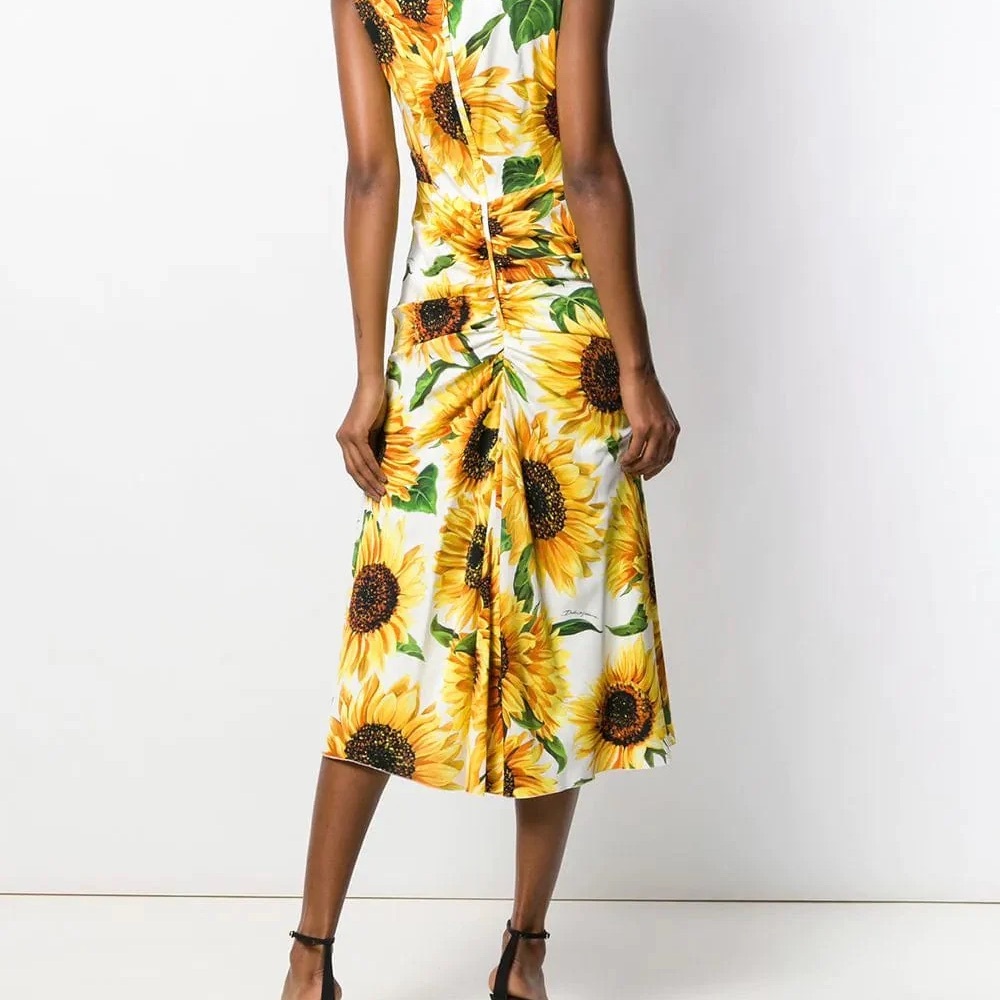 Dolce & Gabbana Sunflower Print Silk Midi Dress Ruched Size 0 - Picture 4 of 6